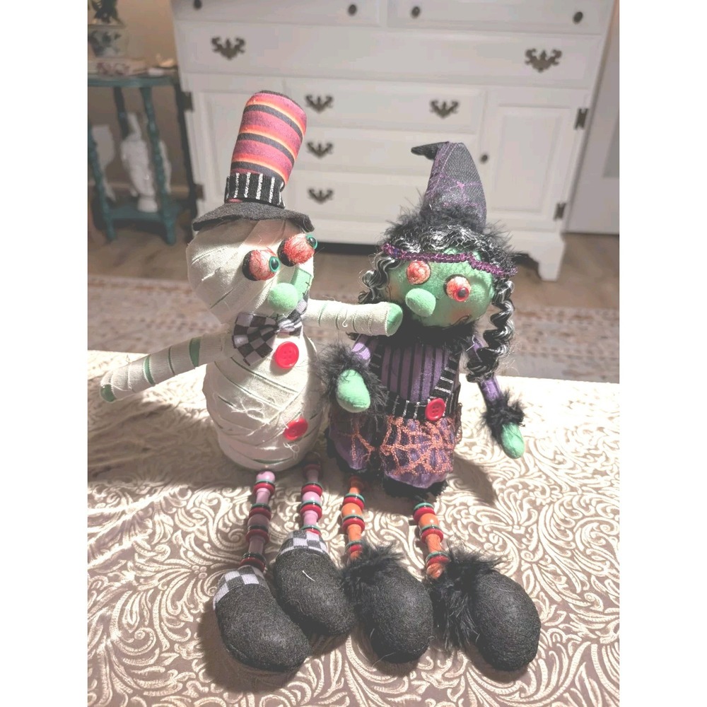 Mummy & Witch Shelf Sitter Halloween Plush Decoration Monster Bead Legs